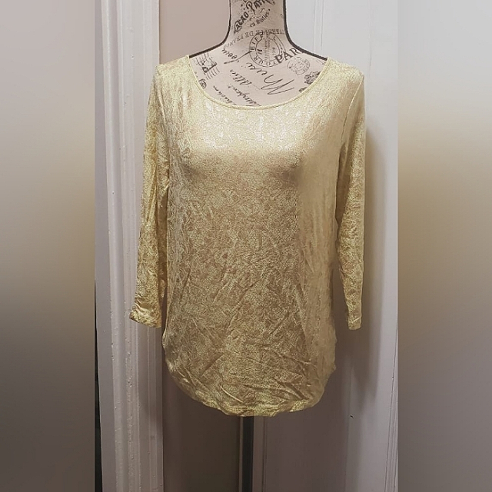 Chicos Sparkly Gold on Yellow Knit Blouse Shirred Sleeve Chicos Size1🌴